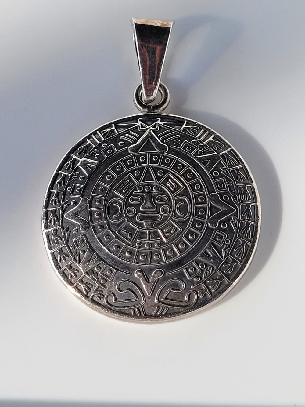 Vintage 925 Sterling Silver Aztec Calendar Medallion Pendant